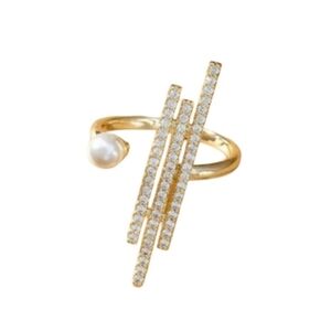 Sz 6 Fresh Water Pearl & Rhinestone Bar Open Ring A3